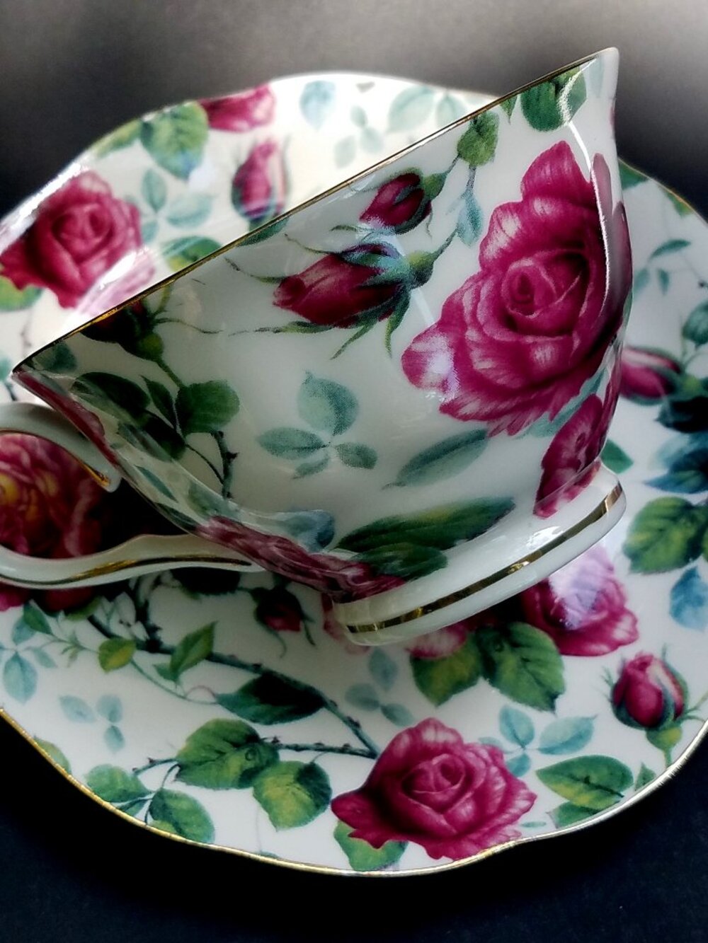 Gracie's Teaware Summer Rose Chintz Tea Cup and Saucer Set Fine Bone China